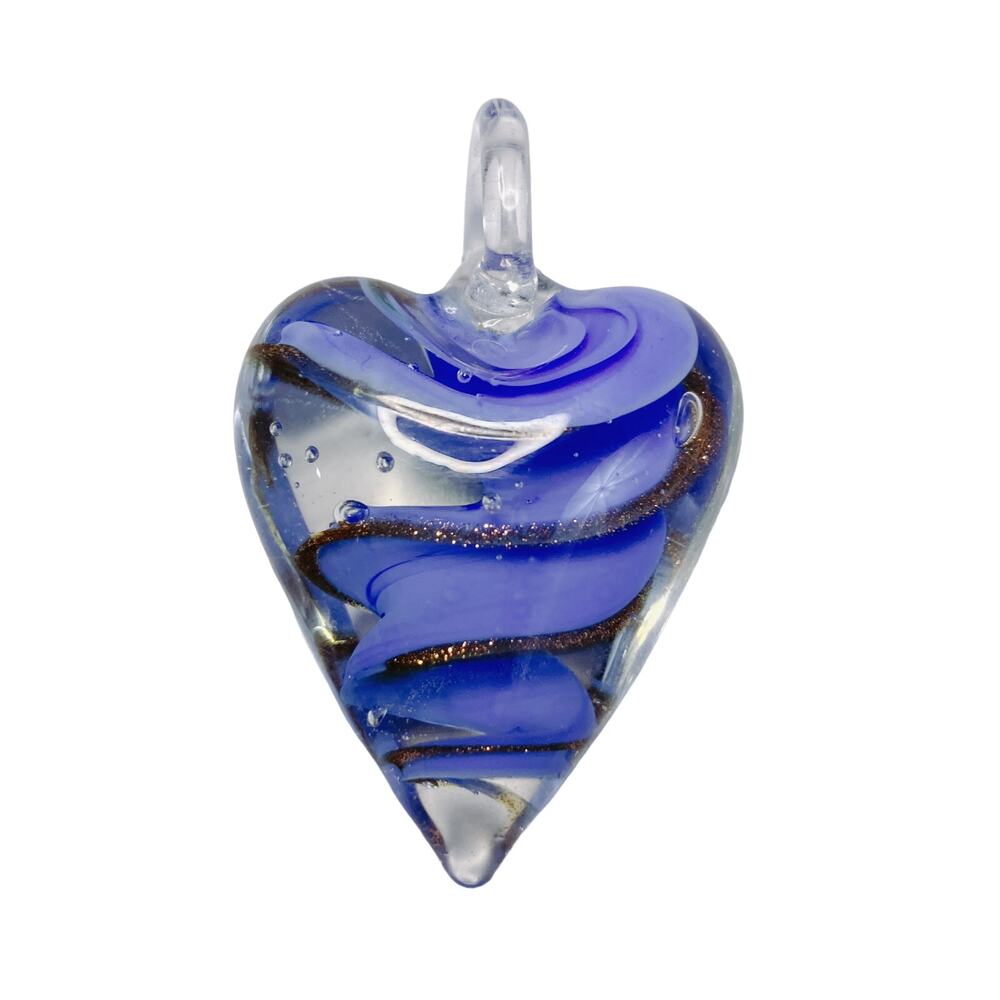 Murano Style Art Glass Heart Necklace Pendant Periwinkle Blue Gold Swirl Charm